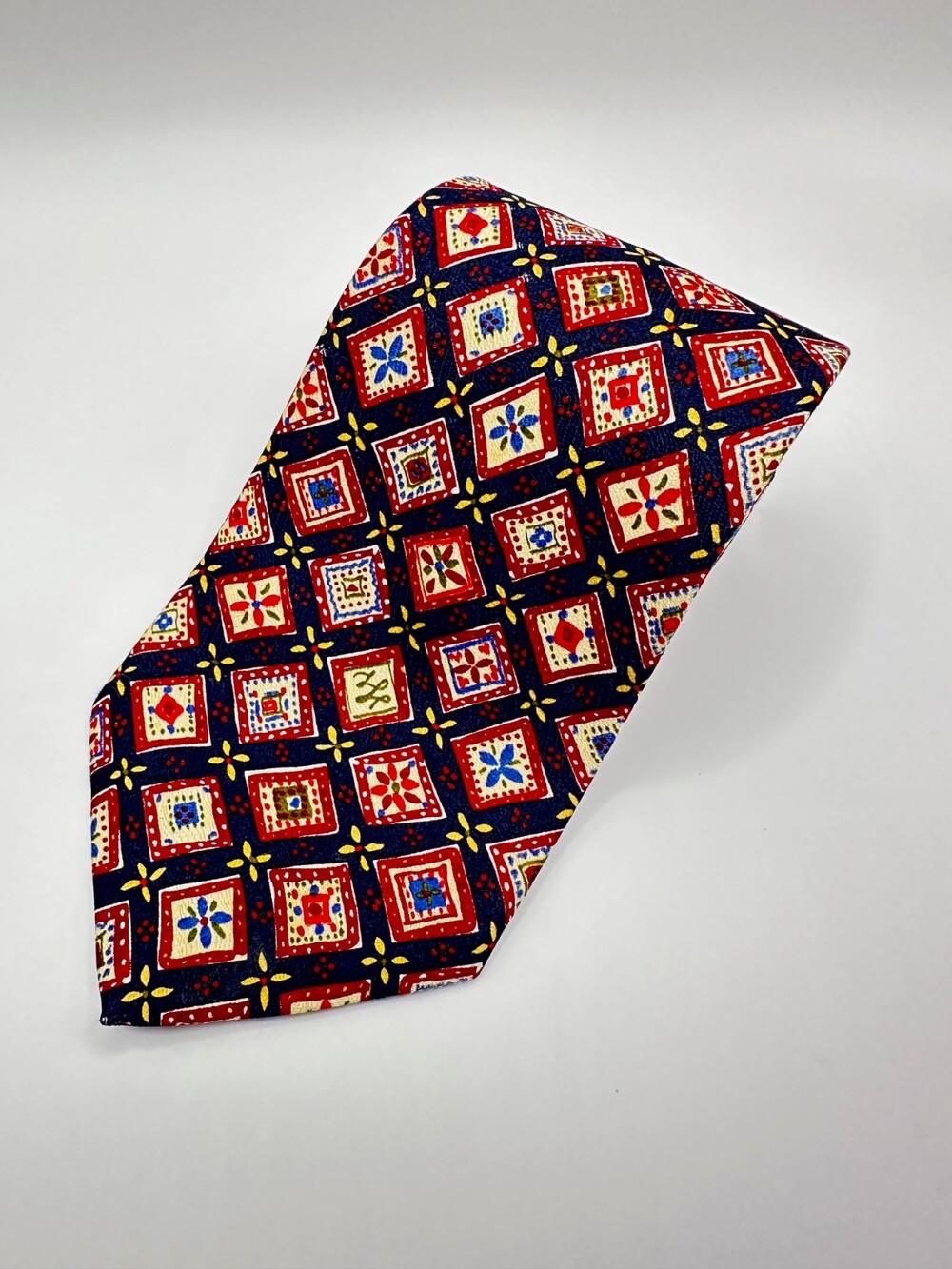Yves Saint Laurent Navy & Red Geometric Tile Silk Tie – Made in England